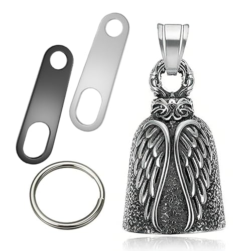 Jvuouxy Campanello per moto con angelo custode e portachiavi, accessorio sicuro per guida, in peltro, senza piombo, idea regalo per uomini e donne