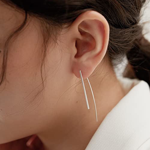 Handmade Curved 925 Sterling Silver Earrings Hypoallergenic Drop Dangle Threader Earrings Minimalist Modern Long Thin Geometric Linear Threader Hoops Earrings For Women Teen Girls #TOP2