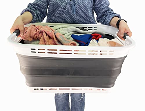 Image of SAMMART 42L (11 gallons) Collapsible Plastic Laundry Basket - Portable Pop Up Storage Container /Organizer - Portable Hamper - Space Saving Easy Storage (White /Asphait (Set of 2))