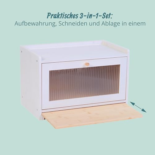 Relaxdays Brotkasten, Bambus, Schneidebrett, Ablage, Luftlöcher, Sichtfenster, HxBxT: 26 x 40 x 25 cm, Brotbox, weiß