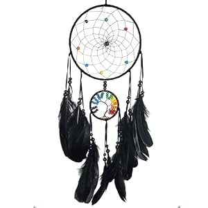 Rainbow Tree of Life Dream Catcher with Black Feathers & Colorful Beads, Handmade Spiritual Wall Hanging for Bedroom Decor, Boho Home DecorationBlack