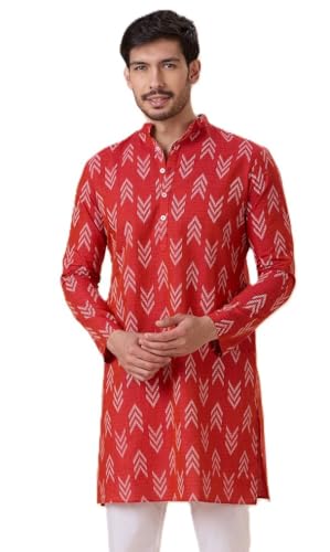 Image of Studio Shringaar Men's Cotton Blend Relaxed Fit Ikat Printed Knee Length Kurta