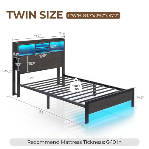 Image of Rolanstar Twin Bed Frame with Storage Headboard & Side Shelf, Metal Platform Bed with Charging Station, LED Single Bed, No Box Spring Needed, Easy Assembly, Black