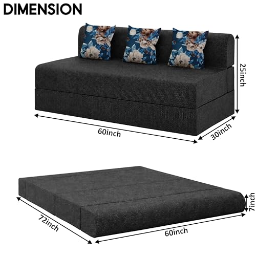 Image of Foldable Three Seater Sofa Bed 5 X 6 Ft Jute Fabric Washable Cover Sofa Cum Bed with Cushions Convertible Sofa Bed for Home (Black Color - Pre-Assembled)