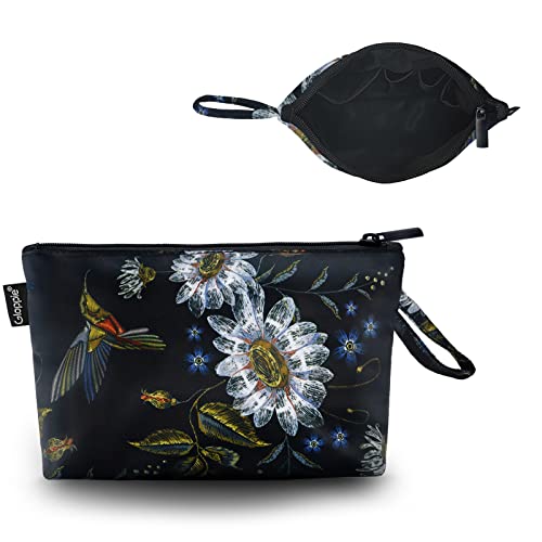 Image of Gloppie Makeup Bag Small Cosmetic Bag for Purse Zipper Make Up Pouch | Hummingbird Daisy, Compact Size, 4 Divided Inner Pockets, Multi-Purpose Makeup & Jewelry Pouch,Travel Essentials for Women