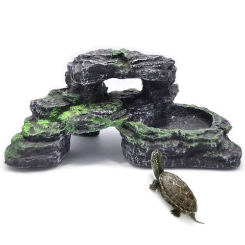 PINVNBY Reptile Hide Resin Turtles Dock for Aquarium (Size: 7.1 x 4.7 x 2.7 inches), Turtle Basking Platform for Small Size Snake Crested Gecko Lizard Frogs Newts