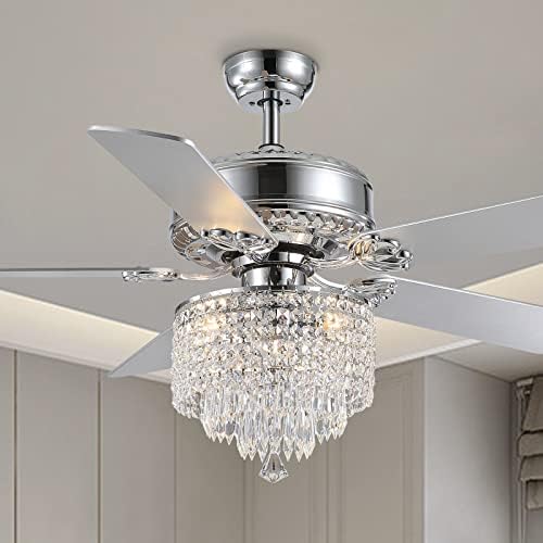 7PMBEANE 52 Inch Crystal Ceiling Fan with Lights Chrome Chandelier Remote Control Reversible Wood Blades for Living Room Bedroom