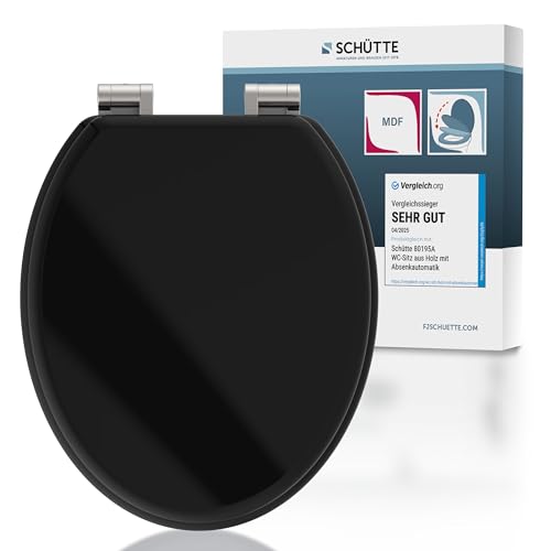 SCHÜTTE Abattant WC noir avec système d'abaissement automatique en bois - Siège de toilette avec couvercle de toilette - Cœur en bois avec motif (charge maximale des lunettes de toilette 175 kg