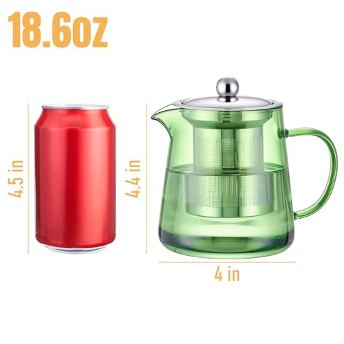 Image of PARACITY Glass Teapot Stovetop 32OZ, Borosilicate Clear Tea Kettle with Removable 18 /8 Stainless Steel Infuser, Teapot Blooming and Loose Leaf Tea Maker Tea Brewer (Green, 550ML)