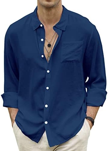 CTU Men's Fashion Summer Casual Button Down Shirt Long Sleeve Solid Color Holiday Beach Shirts Navy