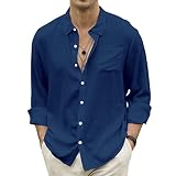 CTU Men's Fashion Summer Casual Button Down Shirt Long Sleeve Solid Color Holiday Beach Shirts Navy