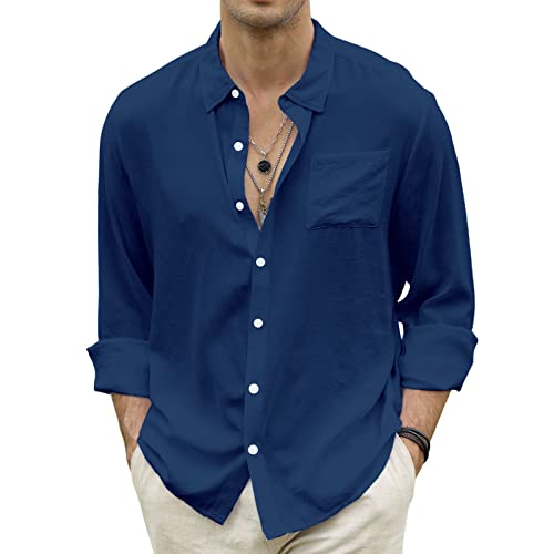 Ctu Men's Fashion Summer Casual Button Down Shirt Long Sleeve Solid Color Holiday Beach Shirts Navy #TOP17