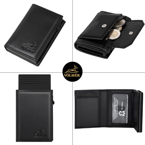 Fa.Volmer ® POP-UP Kartenetui mit Münzfach aus Echtleder für Herren & Damen | 11 Karten | RFID Schutz | Geldbörse (Black, Großes Münzfach)