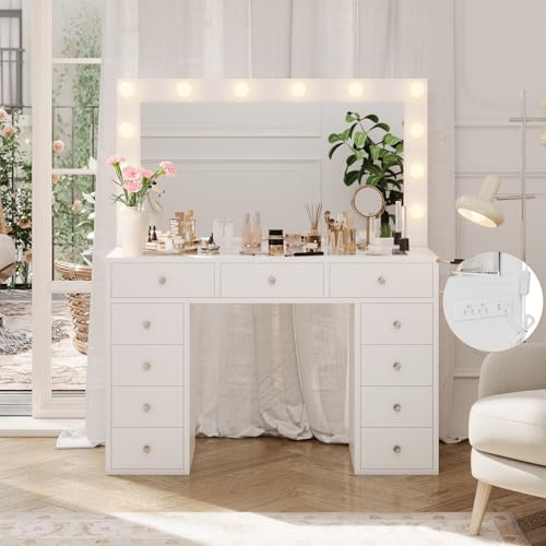 Vanity Desk with Power Outlet, 11 Drawers Makeup Vanity with Mirror and 12 LED Lights, 3 Lighting Modes, Glass Top Vanity Set, Dressing Table for Bedroom