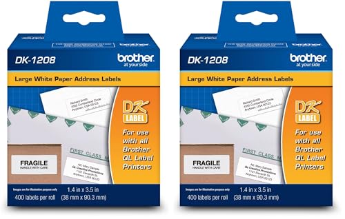 Image of Brother, Die-Cut Large Address Labels, DK-1208, Brother Genuine Labels, Long Lasting Reliability, Die-Cut Large Address Paper Labels, 400 Labels per Roll, (1) Roll per Box (Pack of 2)