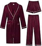 SWOMOG Men's Satin Robe 3 Pcs Lightweight Kimono Sleepwear Soft Silky Bathrobe Nightweight