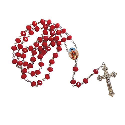 Saint Expedite San Expedito Garnet Faceted Opaque Round 8mm Beads Rosary with Silver Plated Medal Centerpiece and Tertium Millenium Crucifix Includes a Prayer Card