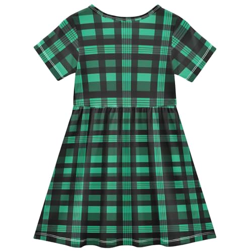 Emelivor Black Green Plaid Girls Dresses Short Sleeve T-Shirt Dress2