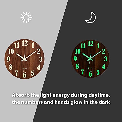 Wall Clock - 12 Inch Glow In The Dark Wall Clock Silent Non Ticking Wooden Wall Clocks Battery Operated Round Night Light Luminous Decoration Clock For Living Room Bedroom Kitchen Bathroom Home Decor #TOP2