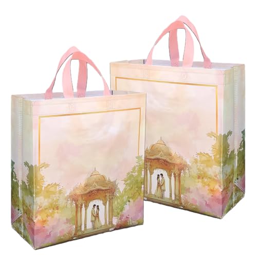 Image of Lavya Large Size Pack of 50 Pcs Wedding Return Gift Bags | Reusable Non-Woven Matt Finish Metallic Laminated | Jewellery, Sweets, Festival Party, Saree, Carry Bag (Golden Mandap, L-13x14x5)