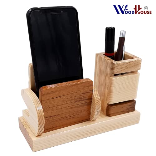Image of WOOD HOUSE Wooden Pen Stand with Card Holder /Study Table, Pen Holder for Office Table Stylish for Office & Student Desk (Pen Stand with Pen Holder)