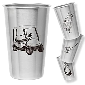 Golf Tumblers – Stainless Steel (Set of 4) – 16oz Capacity – Unique Gift for Dads, Men, and Prize for Golfers. Designs include Golf Cart, Glove/Tee, Driver, and Golfing Bag.