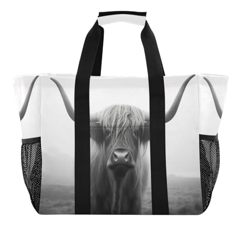 YETTASBIN Highland Cow Large Foldable Travel Tote Bag, Lightweight Waterproof Swim Pool Bag with Handles & Pocket for Beach Outdoor, Reusable Grocery Bag for Kitchen, Shopping2