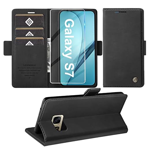 Giyer Handyhülle für Samsung Galaxy S7 Hülle mit Schutzfolie, Schutzhülle Galaxy S7 Standfunktion Premium Leder Wallet Silikon Phone Case Cover Hüllen S7 Klapphüllen 5.1 Zoll (Schwarz)