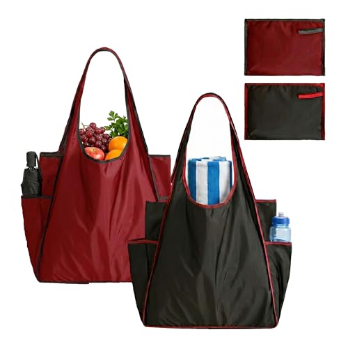 GFYFYZ Einkaufstasche Faltbar 2 Stück Große Strandtasche Wiederverwendbare Einkaufsbeutel mit Seitentaschen Waschbar Shopping Bag Tragbare Badetasche für Einkaufen und Strand Reisen