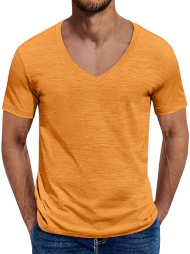 ORANDESIGNE Tshirt Herren Sommer T-Shirt V-Ausschnitt Regular Fit Kurzarm Freizeitshirt Atmungsaktiv Tee Shirt A Orange XL