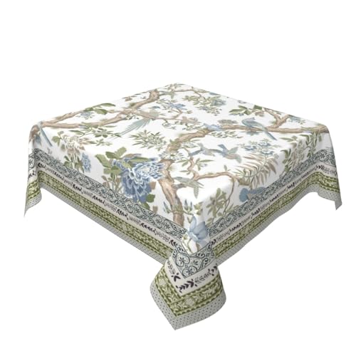 GOLIANDA Blue Sage Green Tablecloths Spring Bird Floral Square Tablecloth 54x54 Inch Chinoiserie Table Cloth Decoration Toile Table Cover Indoor and Outdoor Dinging Polyester Table Home Party Decor