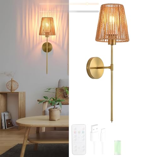 Lámparas de pared USB recargable aplique LED batería regulable con pantalla de ratán
