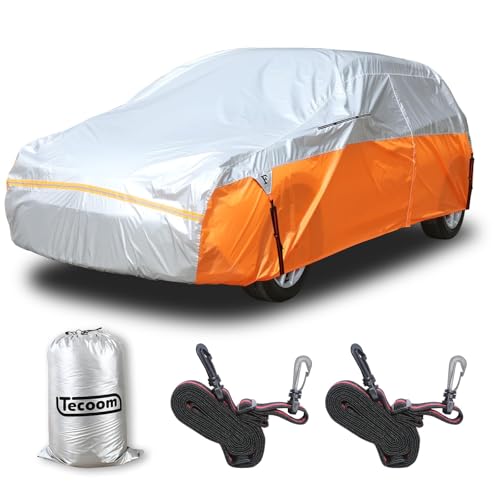Image of Tecoom Car Cover for Automobiles, Weatherproof Full Exterior Covers, Universal Car Tarp Covers w /Detachable Gust Straps for Toyota Corolla Ford Focus Chevrolet Sonic, Fit 160 inch-172 inch Hatchback