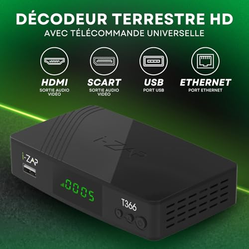 Décodeur TNT HD 2025 DVB-T2 T366 avec télécommande universelle et ports HDMI SCART