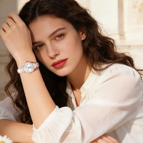 Image of OLEVS Women's Quartz Watches - Elegant Oval Diamond Dress Watch with Ceramic Band, 30M Waterproof Ladies Wrist Watch for Dress & Casual Wear (Rose Gold Blue /Red /Purple /White)