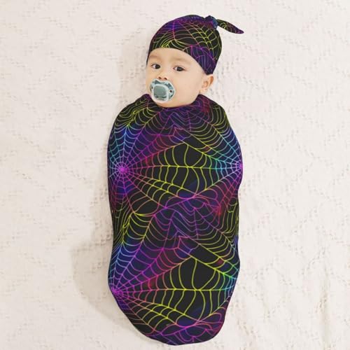 Image of Neon Spiderweb Newborn Swaddle Blankets Hat Sets Soft Baby Receiving Blanket Swaddle Sack for Baby Shower Infant Boy Girl Gift