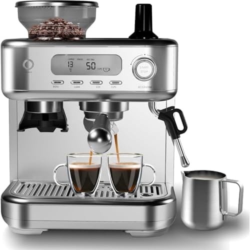 Garvee Espresso Machine Built-In Grinder, High Power Milk Frother, Digital LCD, Stainless Steel (Single/Double Brew), Gray