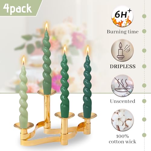 Image of Handmade 7.5 Inch Short Taper Candle Long Burning Candles Gradient Green Candlesticks Unscented Smokeless Twisted Candles for Dinner Decoration Women Gifts 4 Pcs