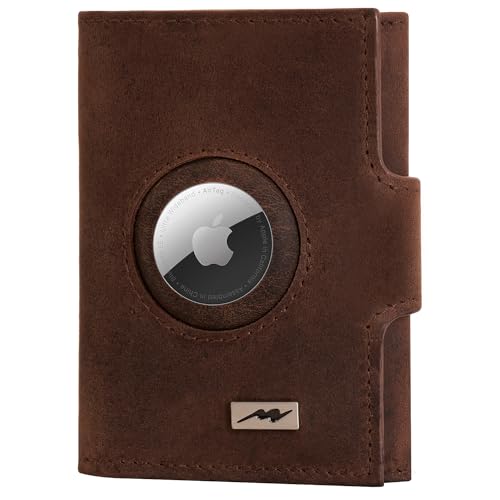 Marc Peter® Washingon Leder Slim Wallet - Airtag Geldbörse mit Münzfach - RFID Schutz kleines Mini Portmonee - Kreditkartenetui Kartenetui – Airtag Portemonnaie Braun Hunter XL Münzfach