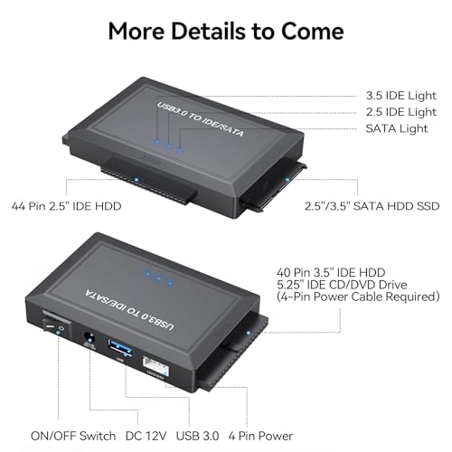 Clavoop Hard Drive Reader Sata Ide To Usb Adapter, Usb 3.0 External Hard Drive Ultra Recovery Converter Kit Data Retrieval Device For 2.5 3.5 Hdd Ssd Disk With 12V/2A Power Adapter thumb #4