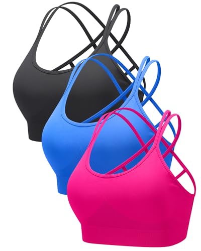Image of RUNNING GIRL Sports Bras for Women 3Pack Strappy Bra | Medium Support, Removable Pads, Padded,Yoga, Pilates,Ultra Strectch,Comfort,Scoop Neck, Spaghetti Strap,Criss Cross Back