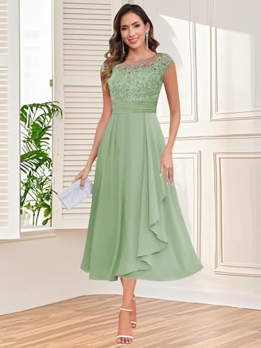 Women's Tea Length Mother of Bride Dresses Cap Sleeve Chiffon Lace Appliques Ruffles A Line Formal Dress4