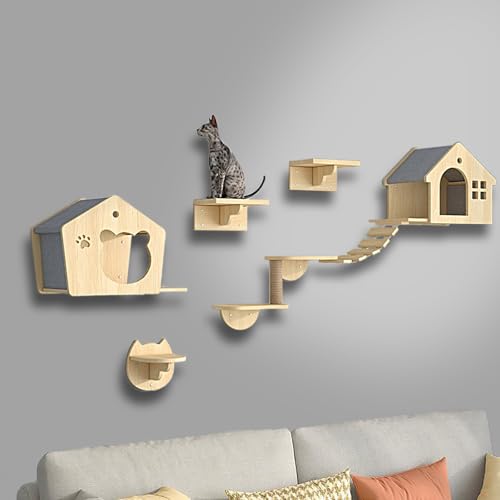 キャットシェルフ、キャットスーツ、壁掛け用棚と止まり木、3段の階段付きクライミング棚遊び場爪とぎポスト、屋内設置型コンドミニアムハウス(7pcs)