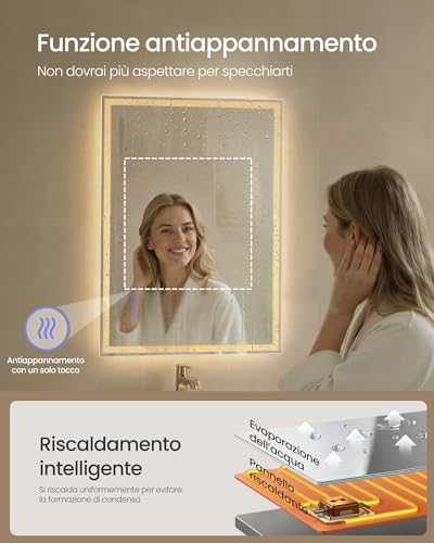 SONGMICS Specchio Bagno con Luce, Specchio da Parete Rettangolare, Funzione Antiappannamento, Tonalità e Luminosità Regolabili, Trucco, Camera da Letto Bagno, 80,7 x 60,7 cm, Bianco Nuvola LWM210WC02 - Immagine 3