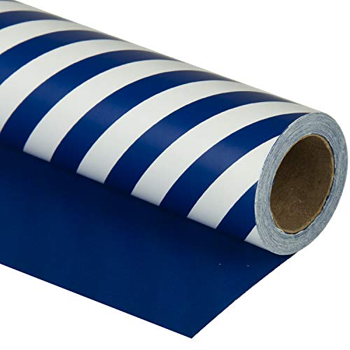 WRAPAHOLIC 30 Inch Reversible Navy Blue Wrapping Paper - Navy Blue and Stripes Wrapping Paper for Birthday Holiday Wedding Baby Shower - 30 inch x 33 feet