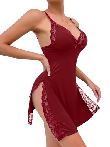 Image of Foxiny Sexy Split Side Floral Lace Trim Full Slip Night Gown Babydoll Lingerie Dress with Thong 2 piece