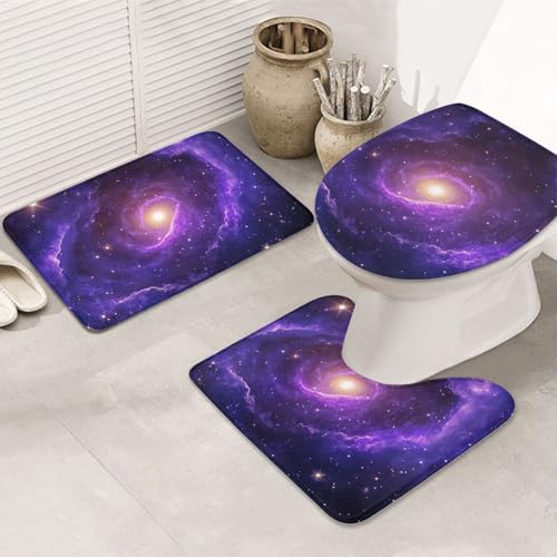 Juego de 3 alfombras de baño con estampado de galaxia morada de microfibra 2