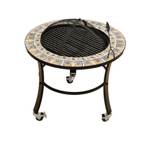 COOLBABY BBQ Moveable Fire Pit with Tiles Design & Grill, Multicolour