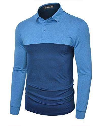 TAPULCO Men Full Sleeve Moisture Wicking Performance Outdoor Recreation Athletic Golf T-Shirts Mordern Color Block Breathable Gym Top Deep Navy and Light Blue Large