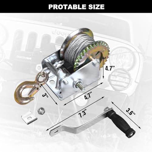 Image of Big RED ATRT1061CRR Torin Manual Hand Crank Winch: 26.3ft Steel Cable with 600lbs Capacity, Silver